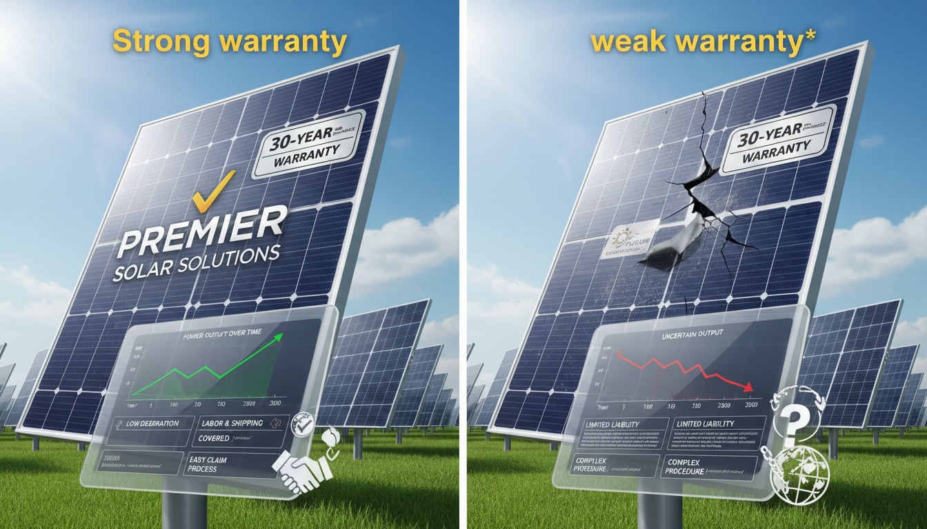 Strong and weak solar module warranty comparison showing degradation terms claim process labor coverage shipping coverage and long-term output confidence